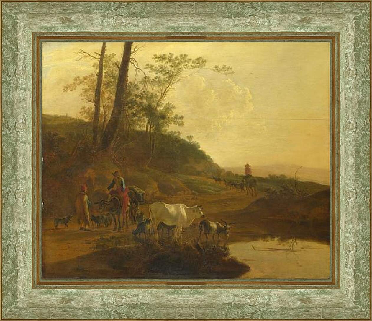 Картина в раме - Men with an Ox and Cattle by a Pool. Ян Бот