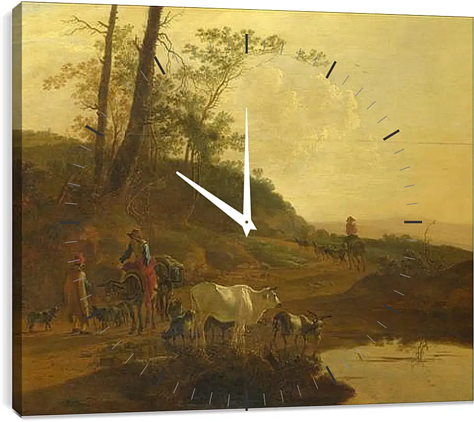 Часы картина - Men with an Ox and Cattle by a Pool. Ян Бот