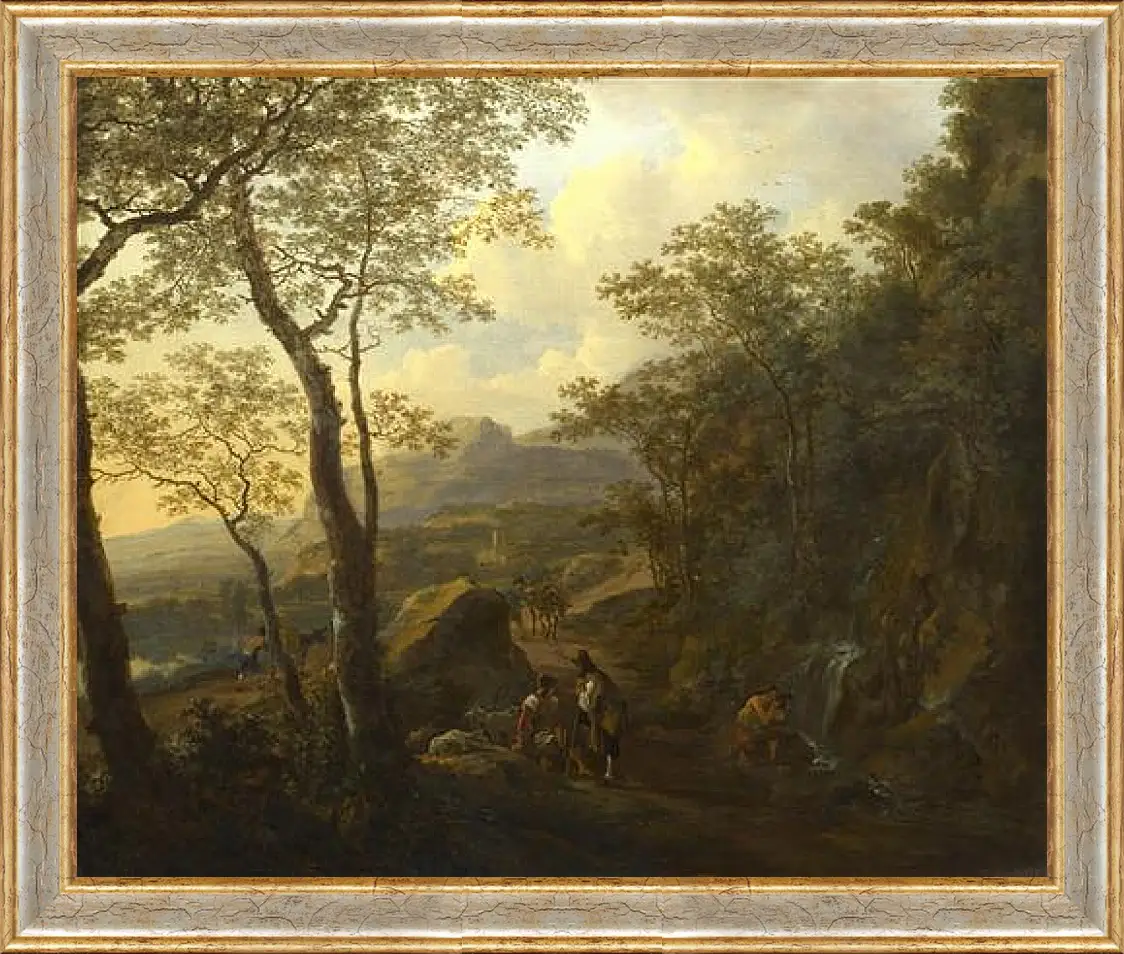 Картина в раме - A Rocky Italian Landscape with Herdsmen and Muleteers. Ян Бот