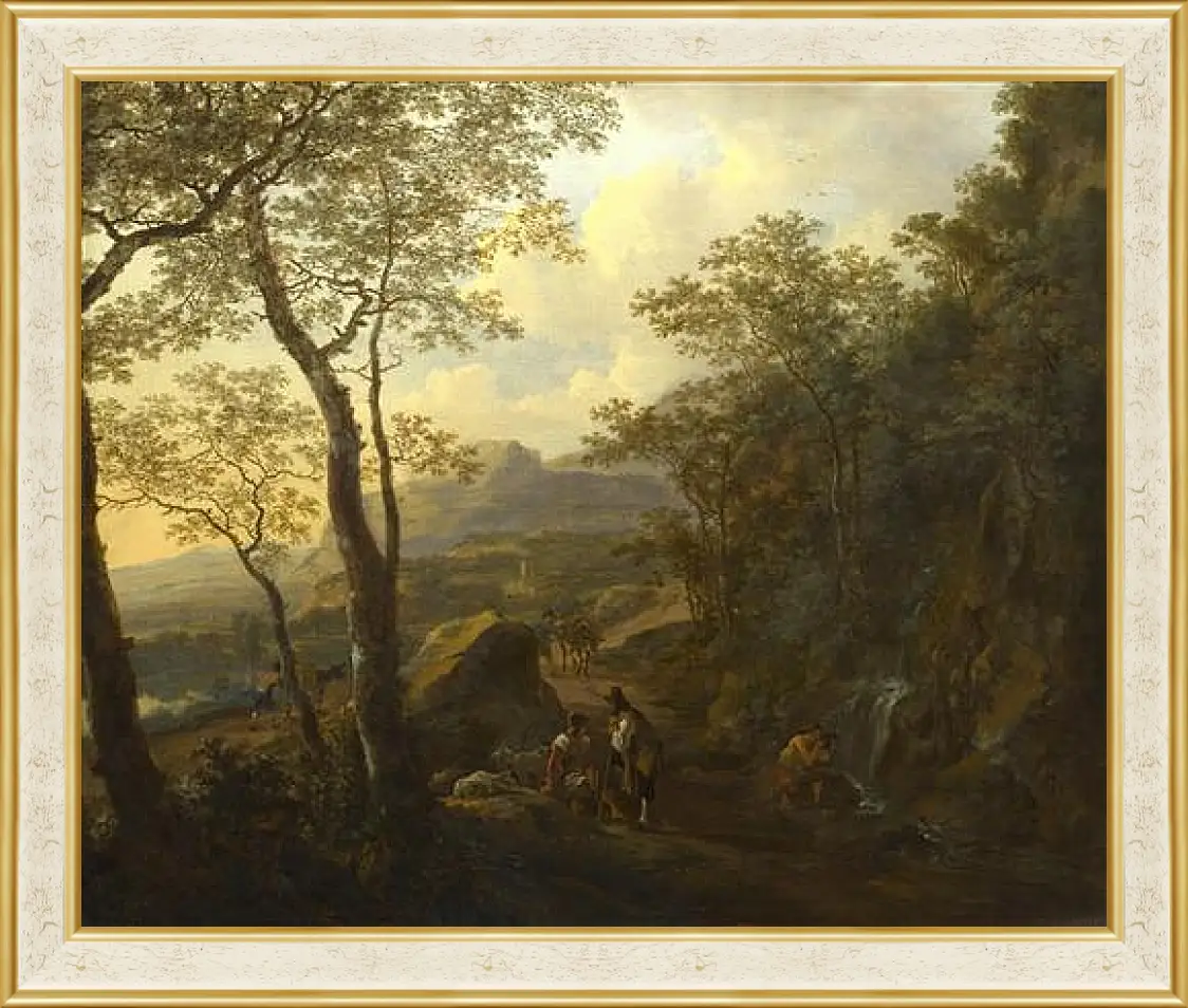 Картина в раме - A Rocky Italian Landscape with Herdsmen and Muleteers. Ян Бот