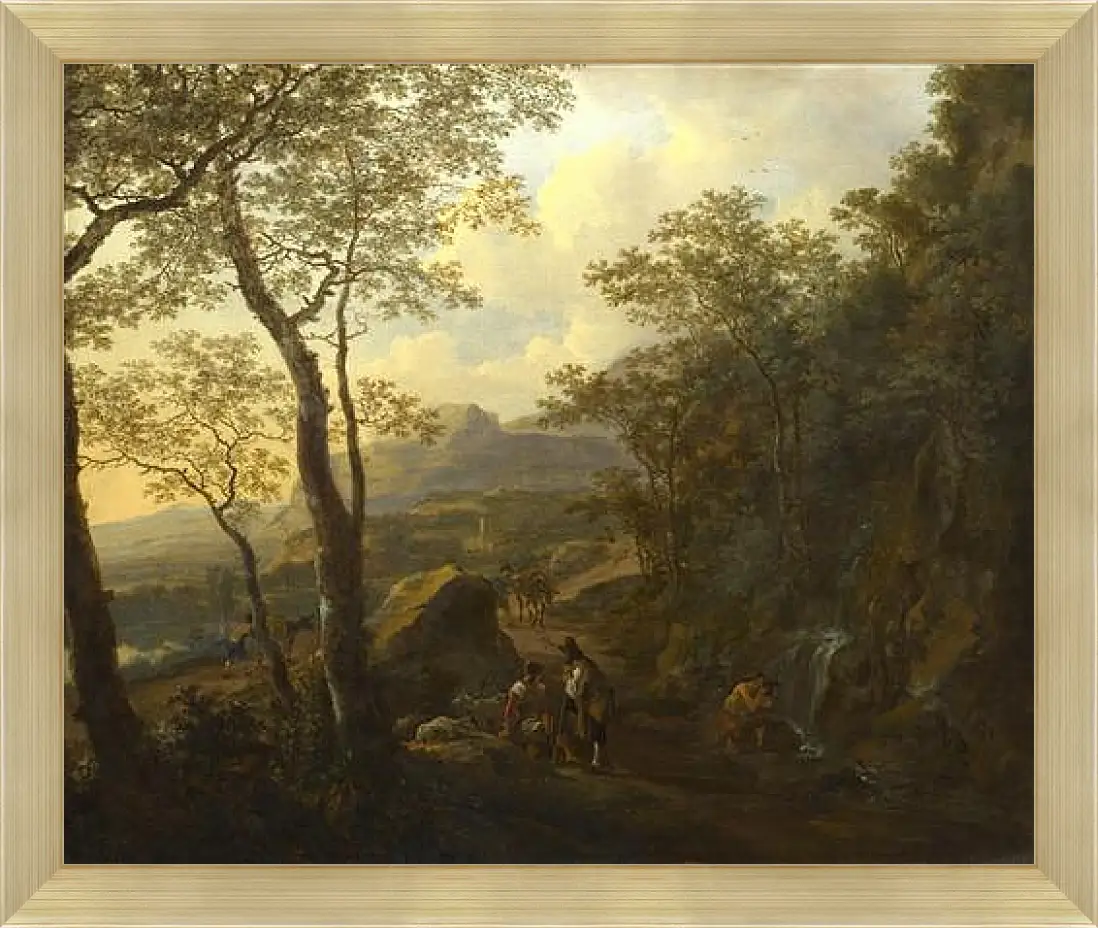 Картина в раме - A Rocky Italian Landscape with Herdsmen and Muleteers. Ян Бот