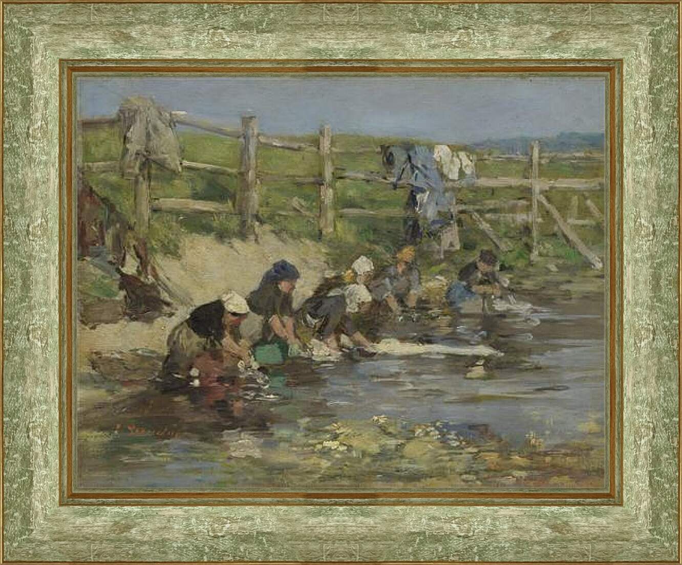 Картина в раме - Laundresses by a Stream. Эжен Буден