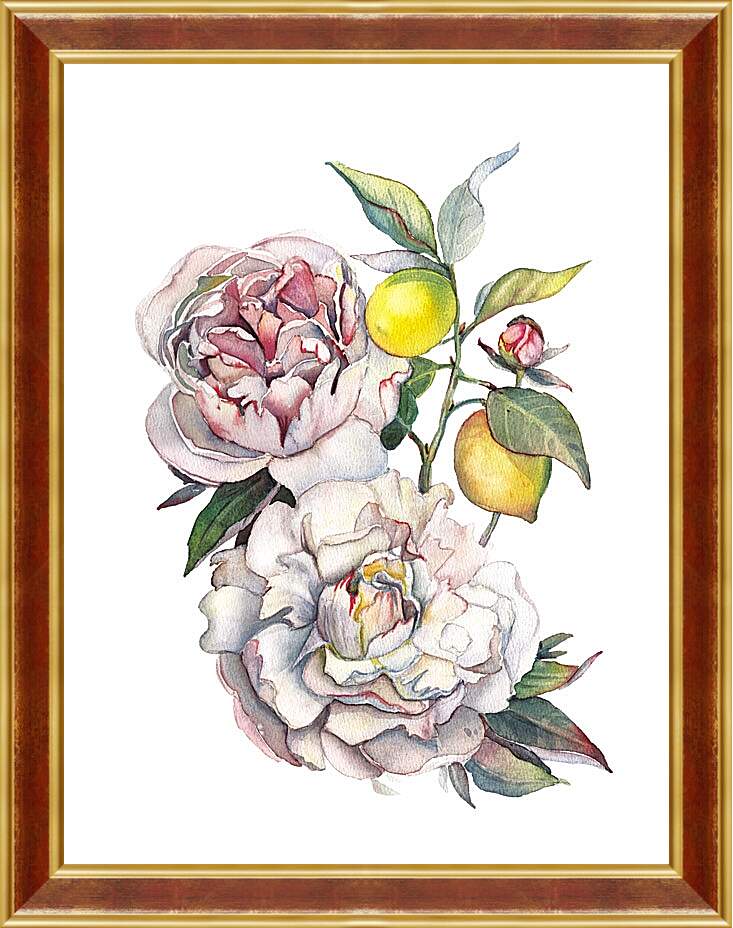 Картина в раме - Акварельные пионы и лимоны