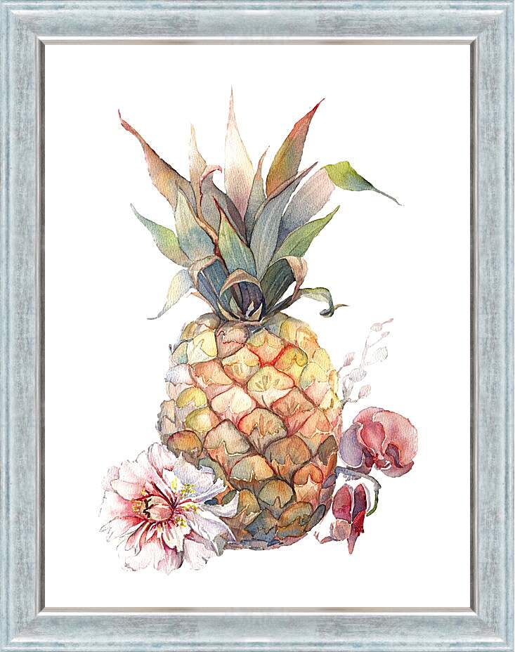 Картина в раме - Ананас и тропические цветы