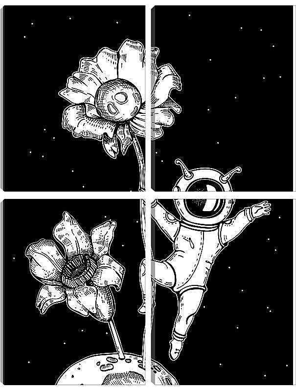 Модульная картина - Астронавт и планета с цветами
