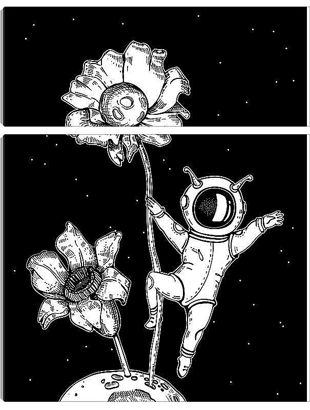Модульная картина - Астронавт и планета с цветами