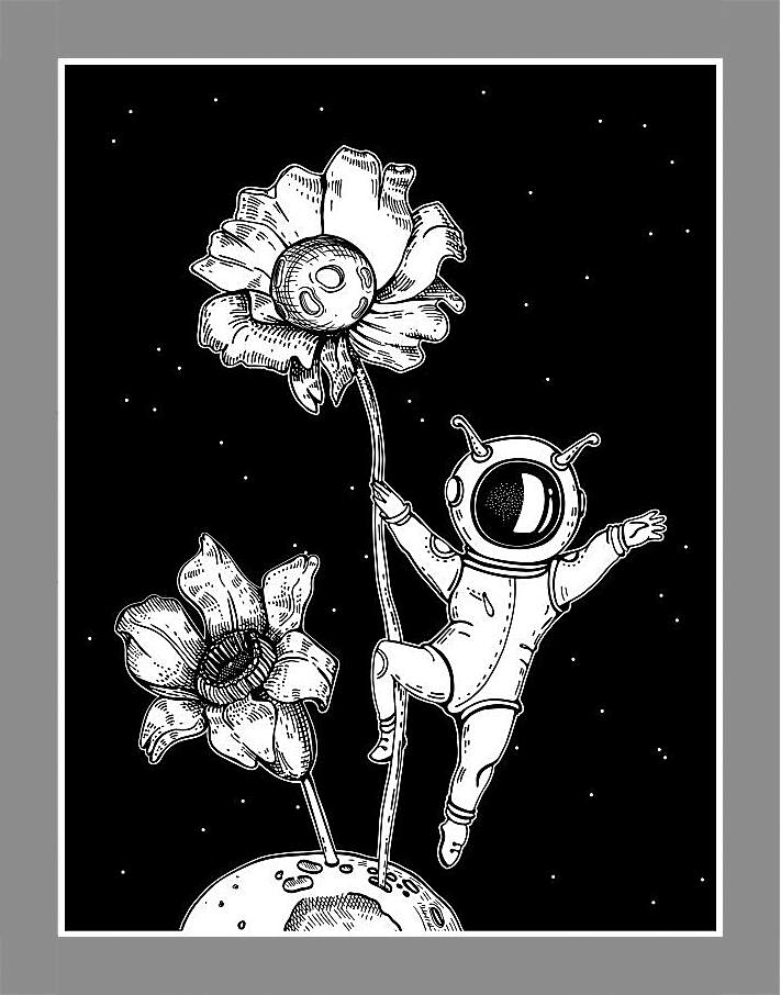 Картина в раме - Астронавт и планета с цветами