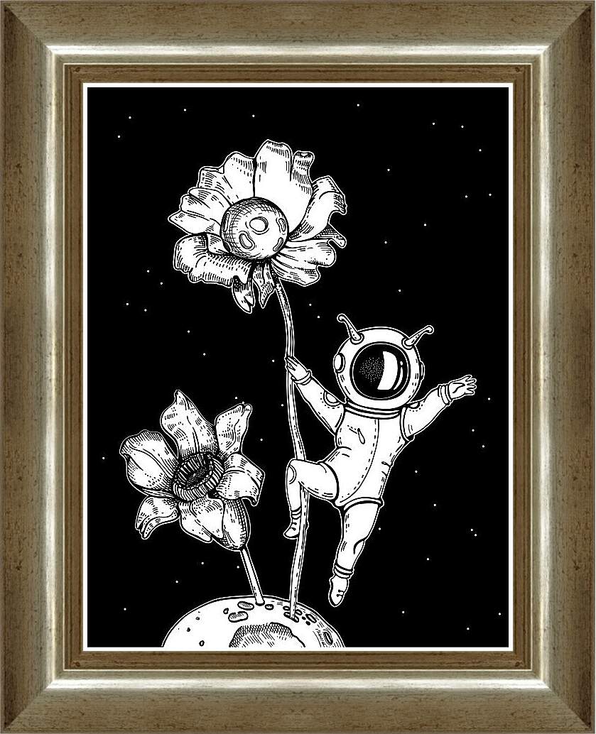 Картина в раме - Астронавт и планета с цветами