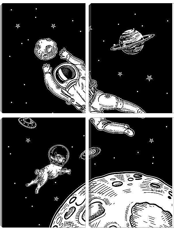 Модульная картина - Астронавт и собака в космосе