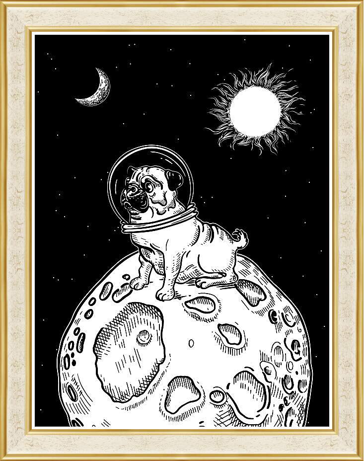 Картина в раме - Астронавт мопс на маленькой планете