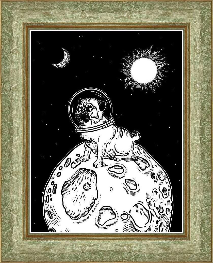 Картина в раме - Астронавт мопс на маленькой планете