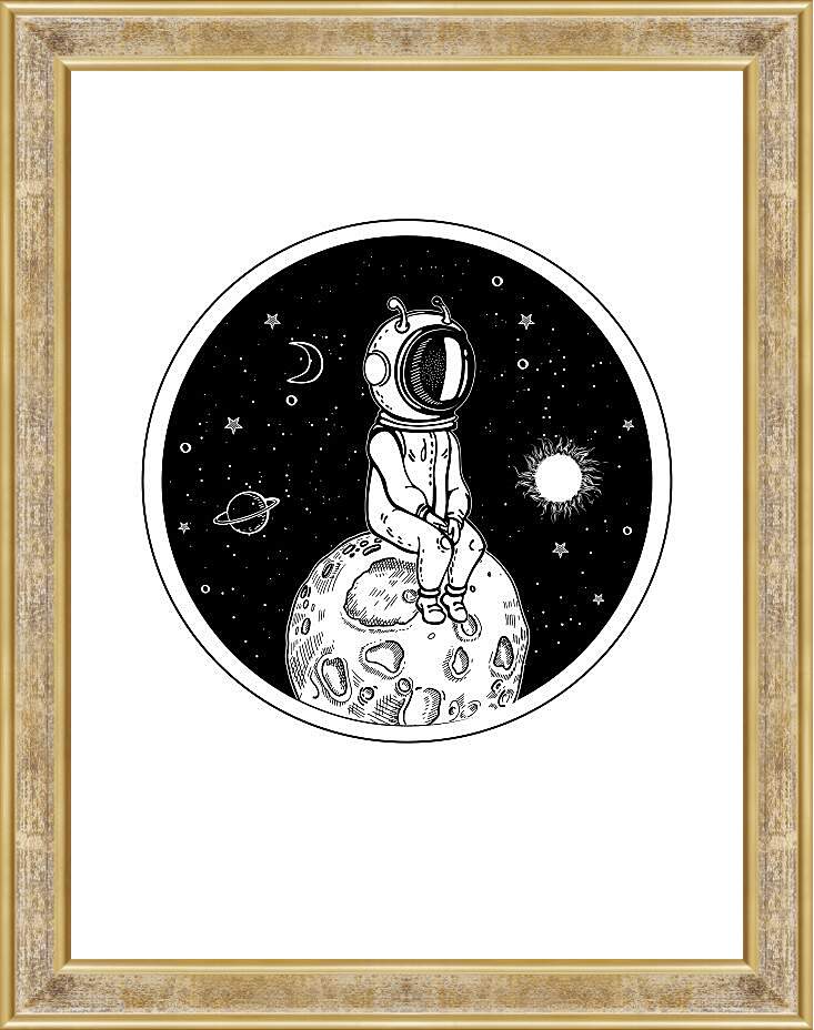 Картина в раме - Астронавт сидит на маленькой планете