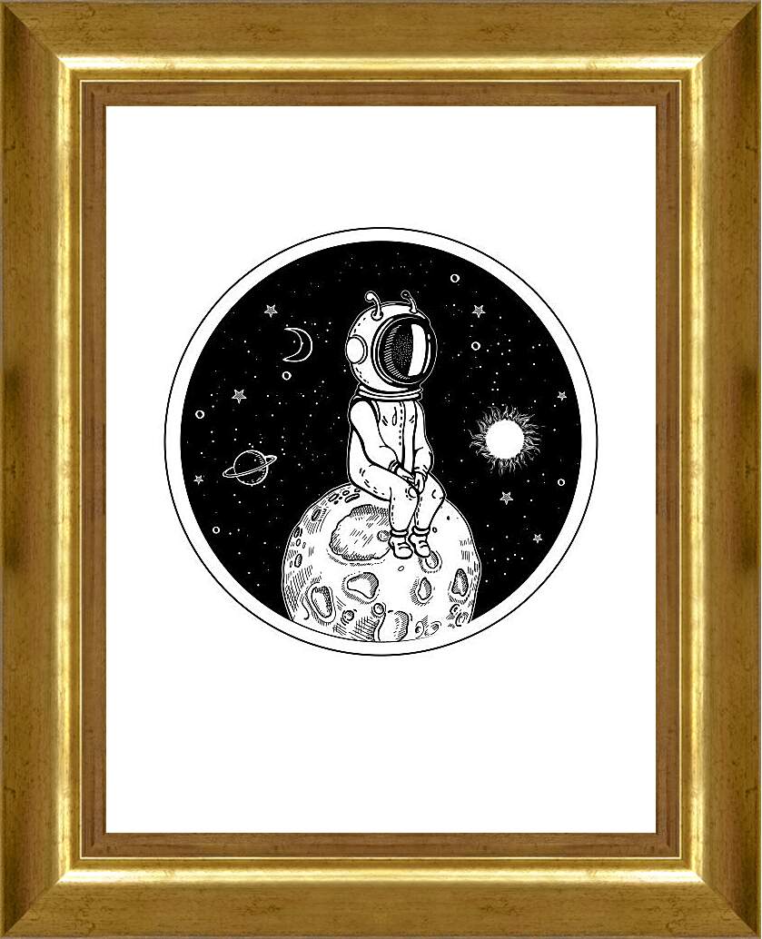Картина в раме - Астронавт сидит на маленькой планете