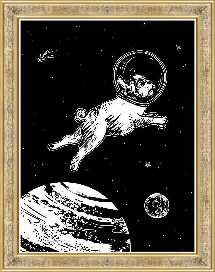 Картина в раме - Астронавт-мопс летает в космосе