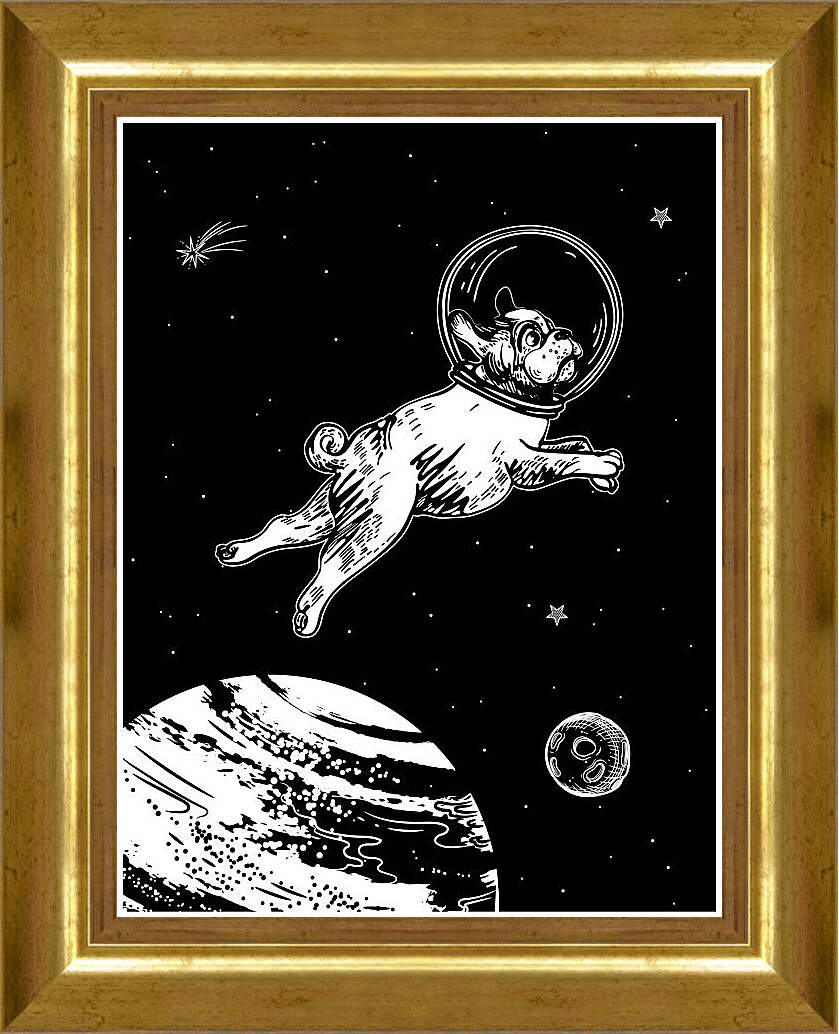 Картина в раме - Астронавт-мопс летает в космосе