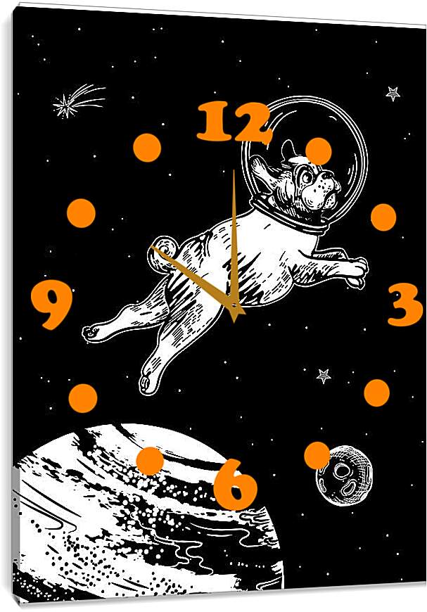 Часы картина - Астронавт-мопс летает в космосе
