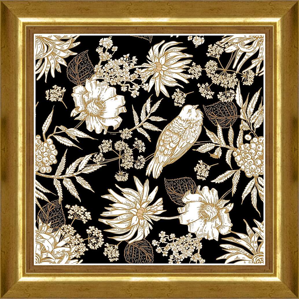 Картина в раме - Винтажная композиция с птицами и цветами