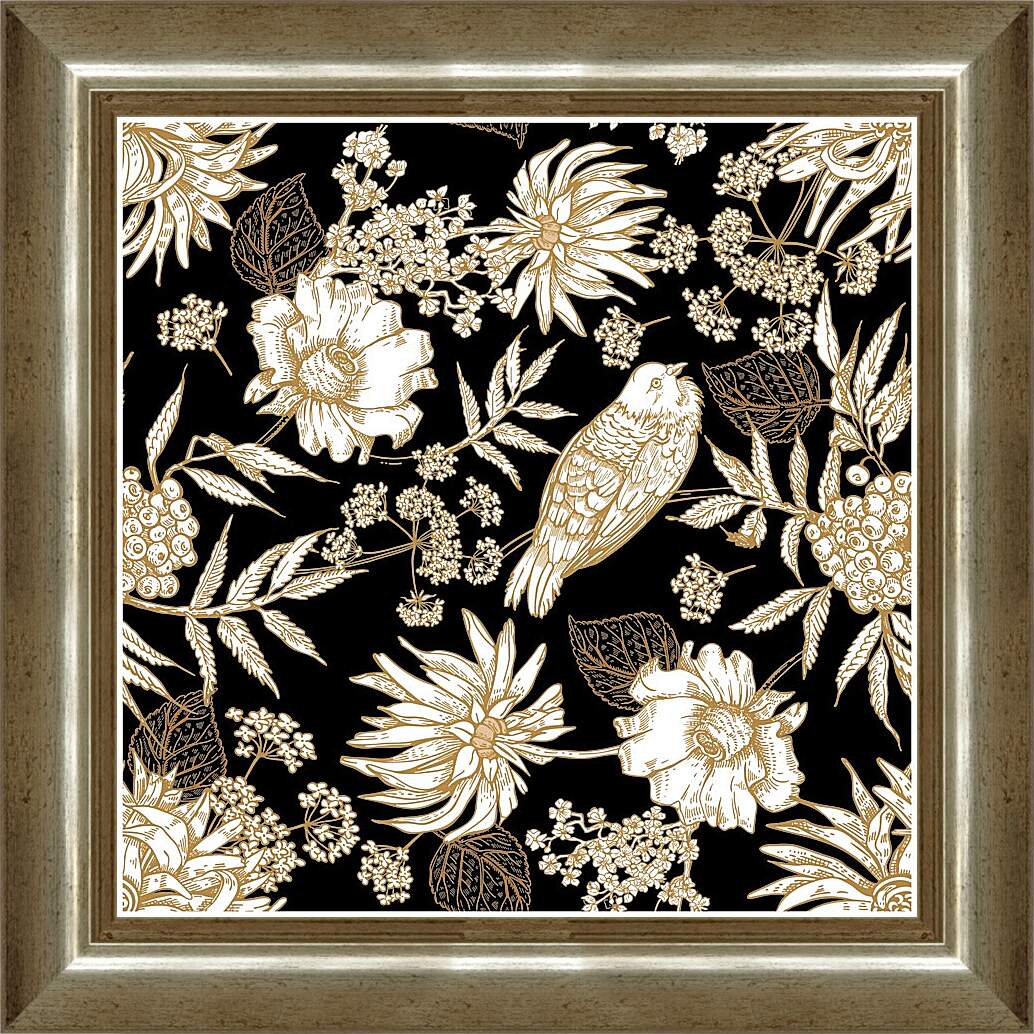 Картина в раме - Винтажная композиция с птицами и цветами