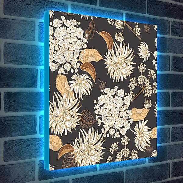 Лайтбокс световая панель - Винтажные цветы на черном фоне