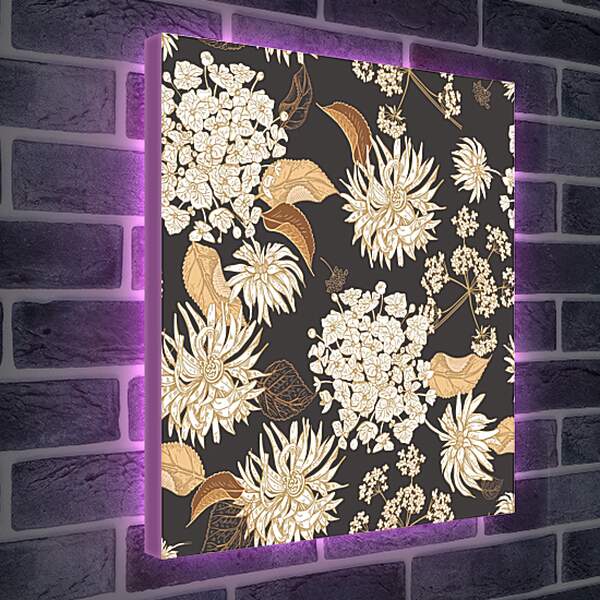 Лайтбокс световая панель - Винтажные цветы на черном фоне