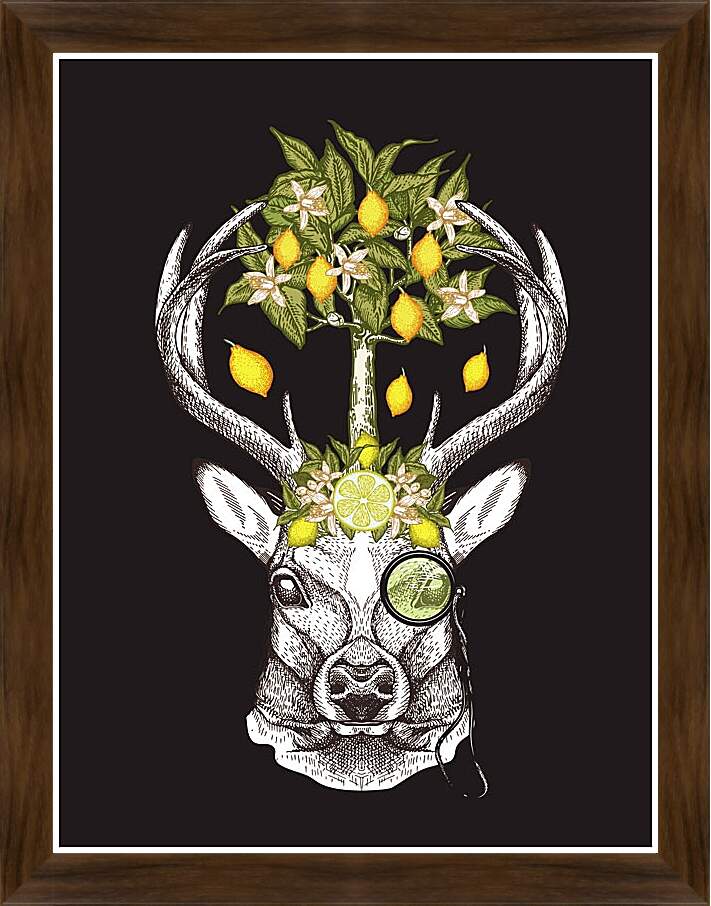 Картина в раме - Голова оленя и лимоное дерево
