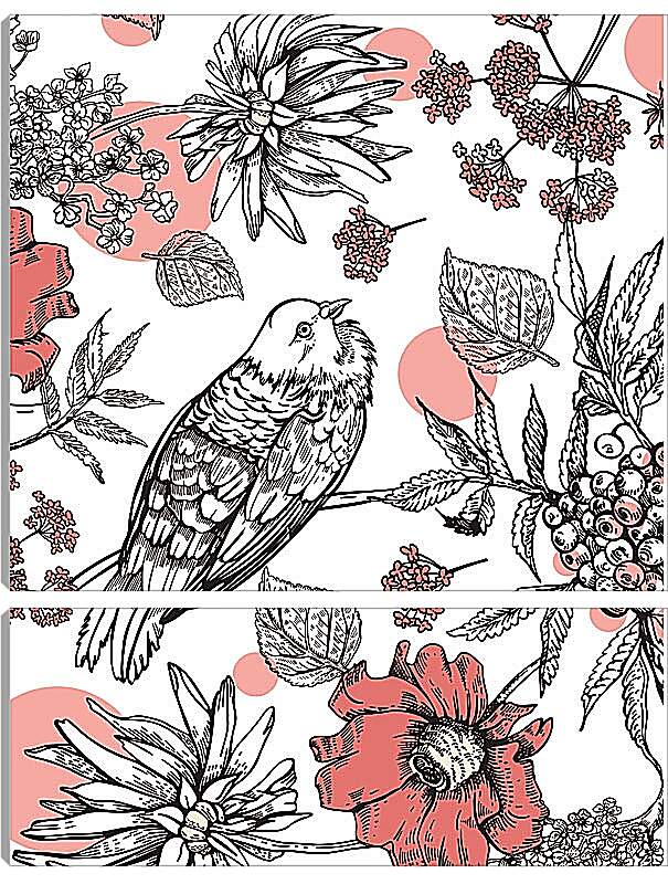 Модульная картина - Гранаты, цветы и птицы