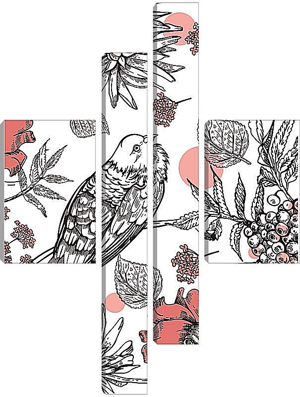 Модульная картина - Гранаты, цветы и птицы