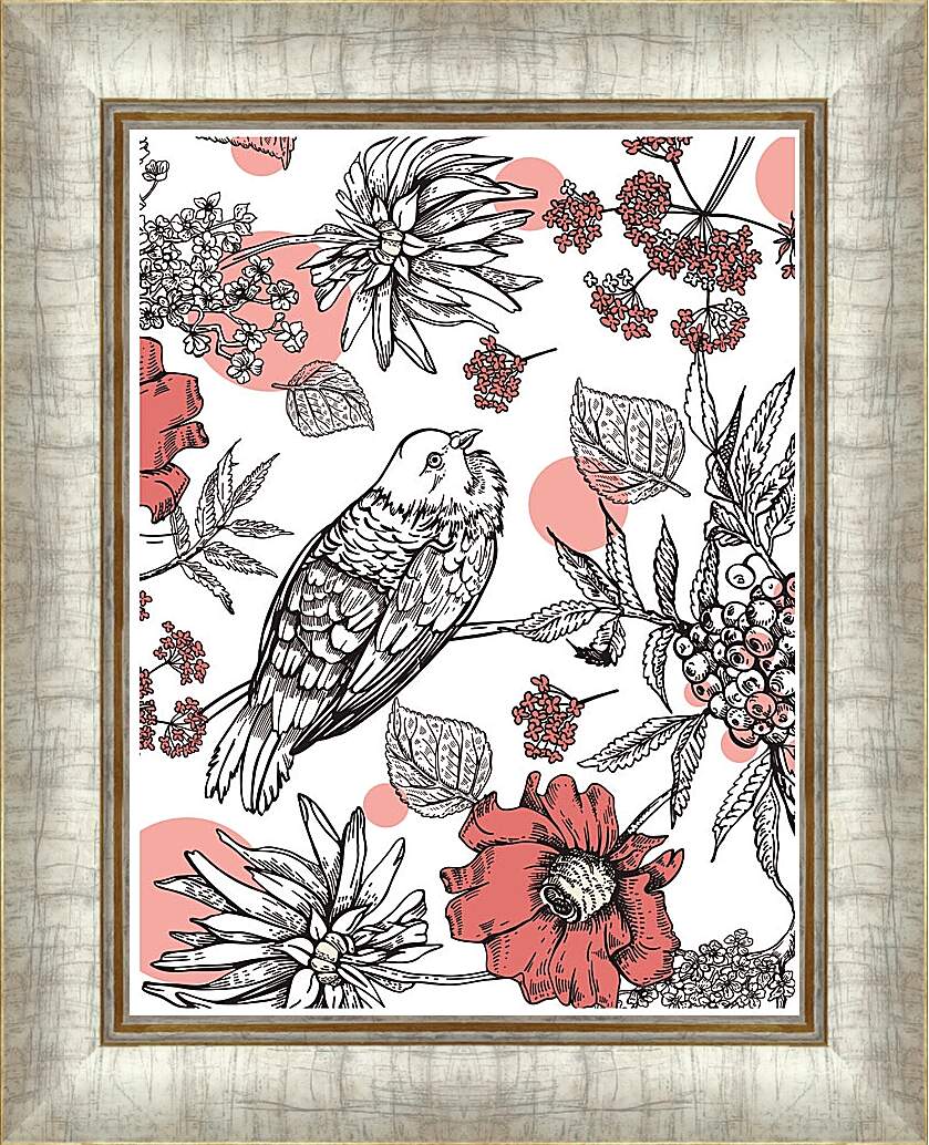 Картина в раме - Гранаты, цветы и птицы