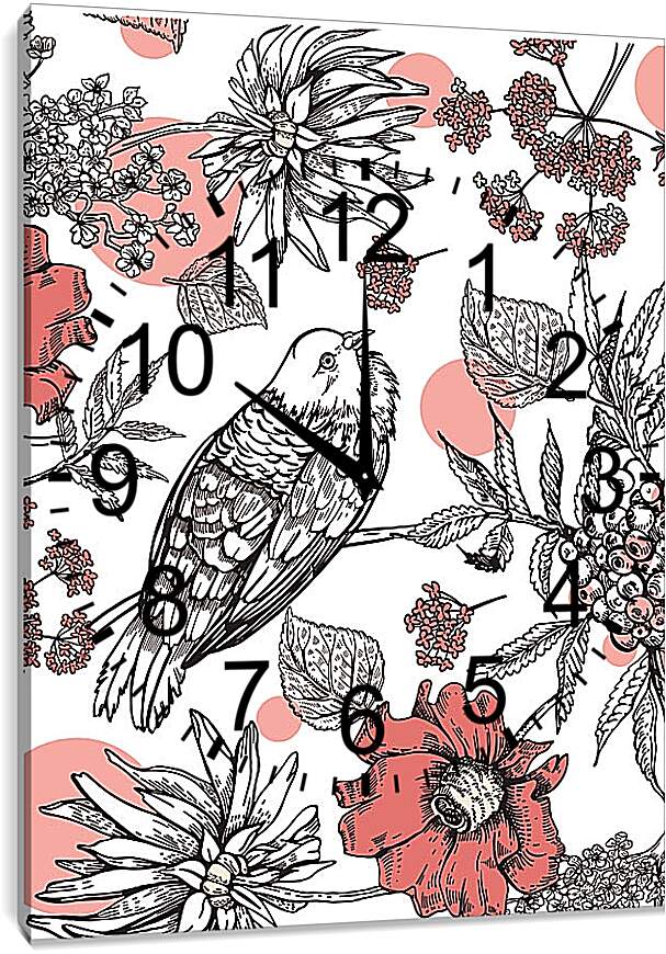 Часы картина - Гранаты, цветы и птицы