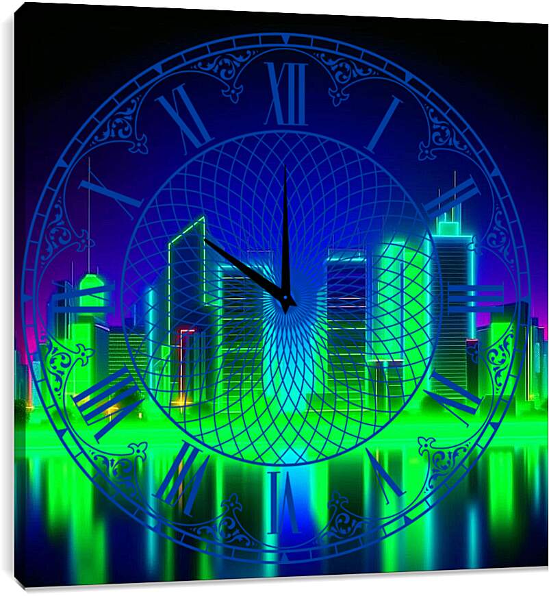 Часы картина - Картина Вечерний город в неоновом стиле
