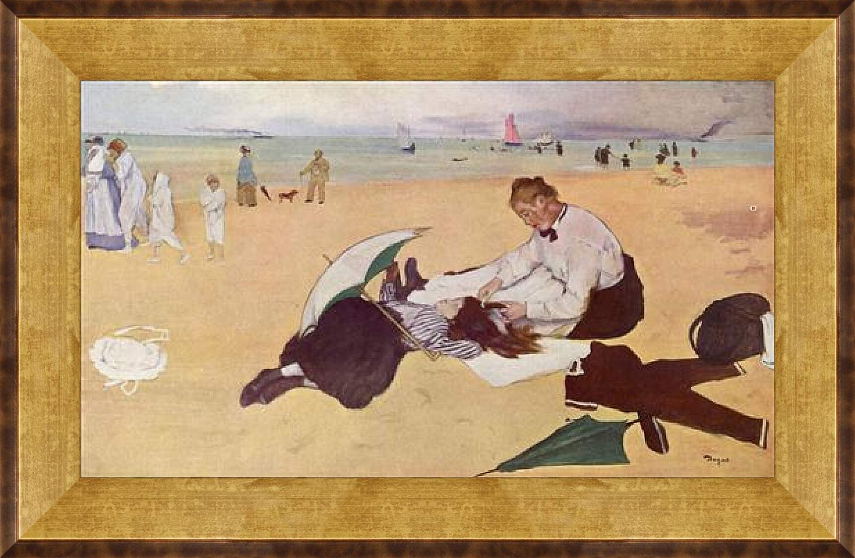 Картина в раме - Kleines Madchen wird am Meeresstrand von seiner Bonne gekammt. Эдгар Дега