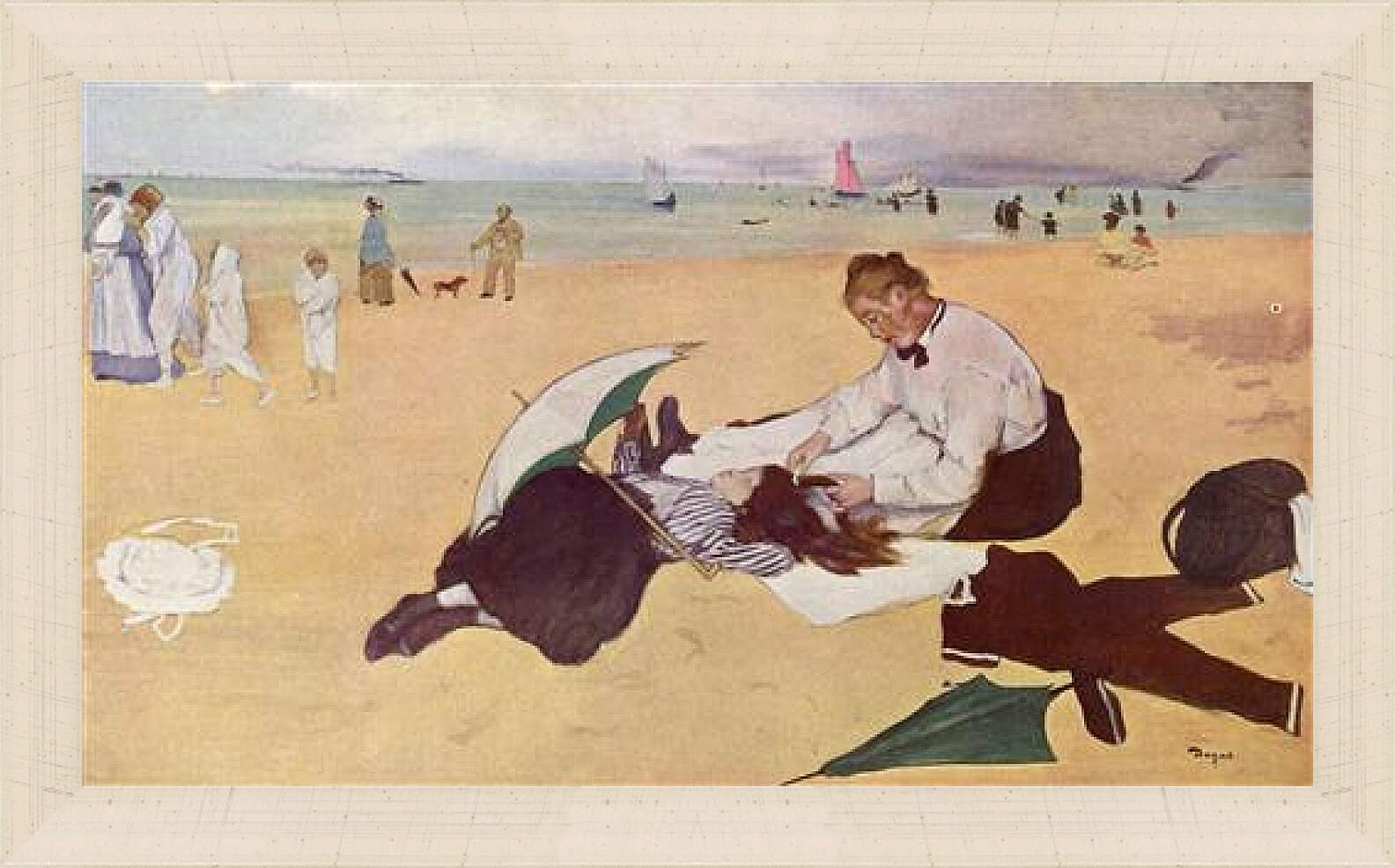 Картина в раме - Kleines Madchen wird am Meeresstrand von seiner Bonne gekammt. Эдгар Дега