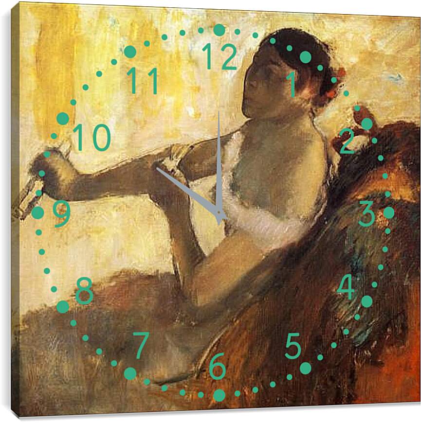 Часы картина - Femme assise tirant son gant, jeune femme assise mettant ses gants. Эдгар Дега