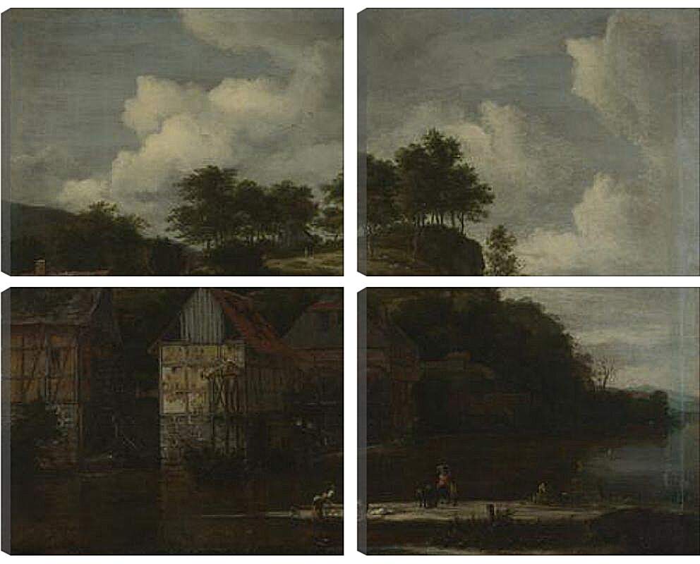 Модульная картина - Three Watermills with Washerwomen. Якоб ван Рейсдал