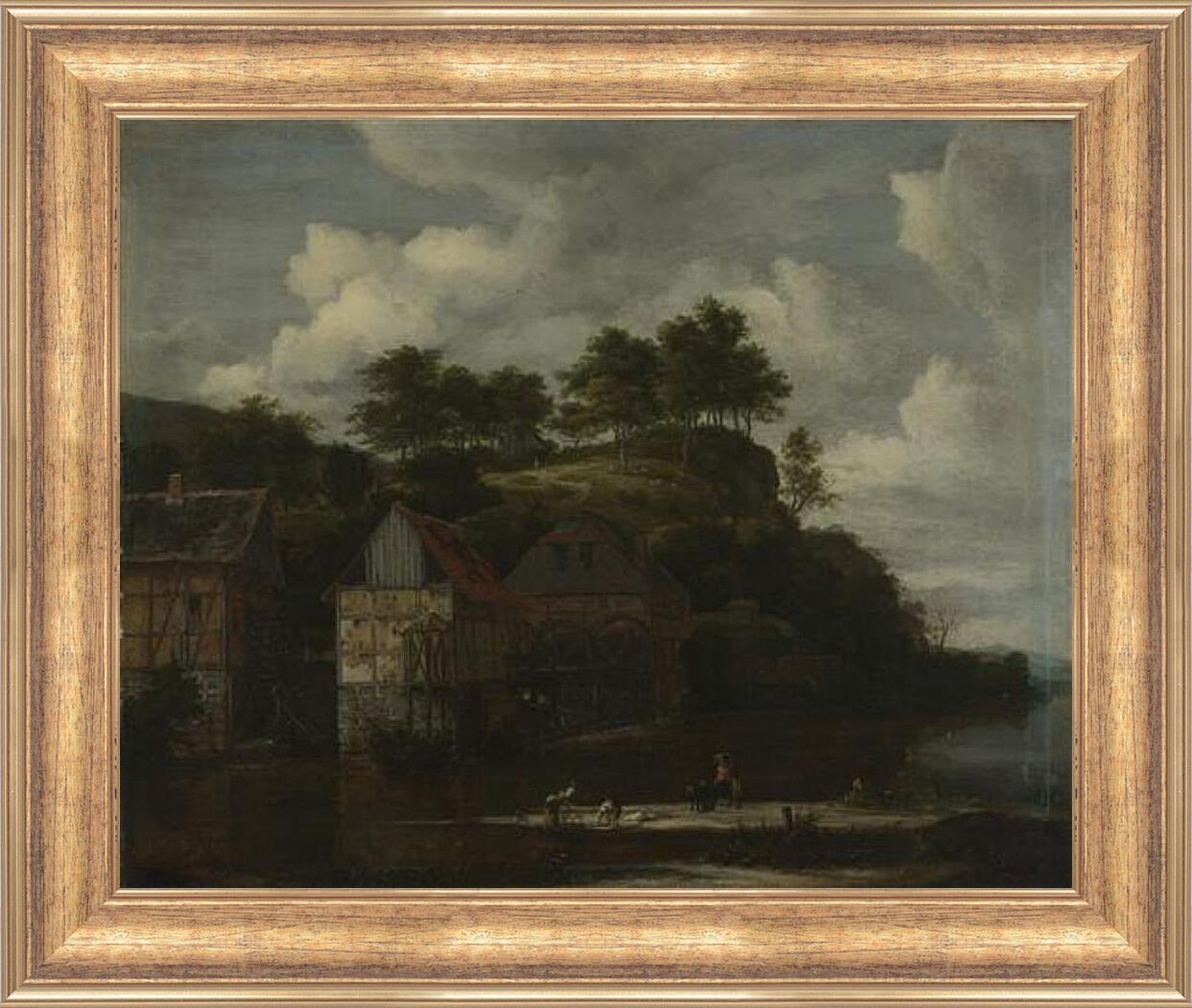 Картина в раме - Three Watermills with Washerwomen. Якоб ван Рейсдал