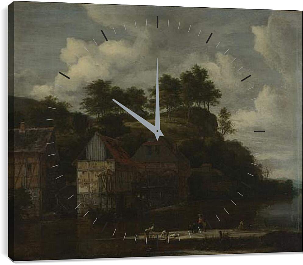 Часы картина - Three Watermills with Washerwomen. Якоб ван Рейсдал