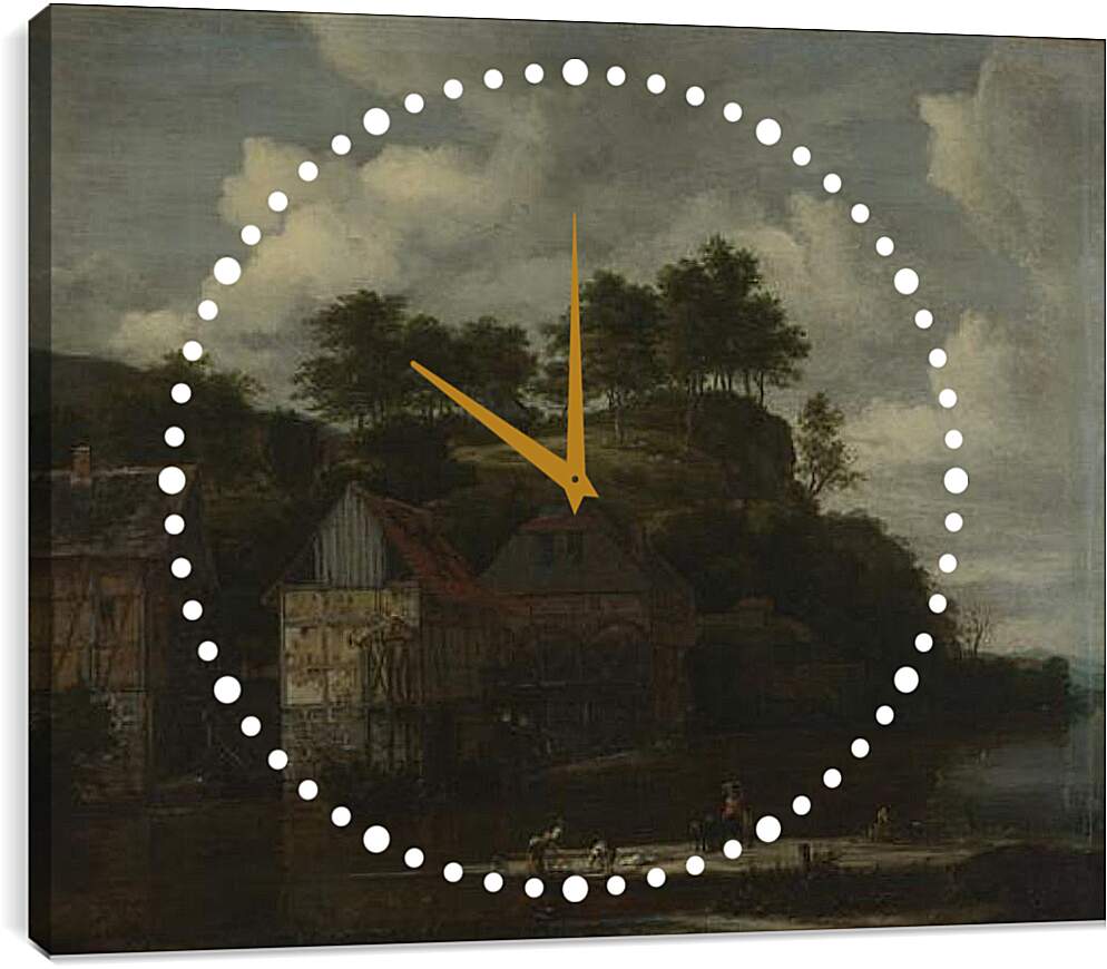 Часы картина - Three Watermills with Washerwomen. Якоб ван Рейсдал
