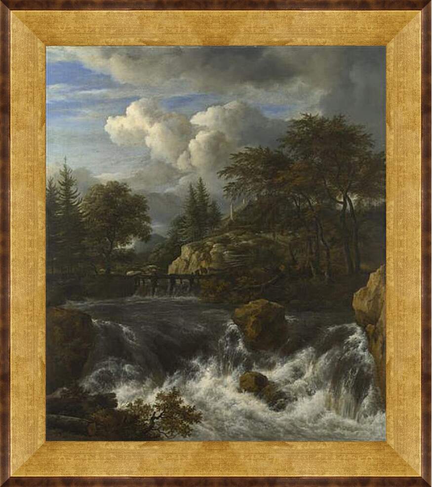 Картина в раме - A Waterfall in a Rocky Landscape. Якоб ван Рейсдал