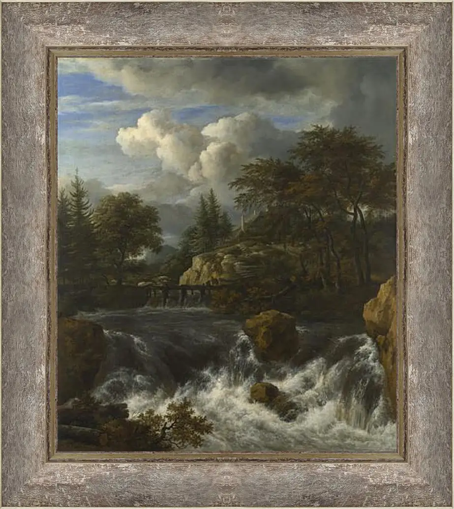 Картина в раме - A Waterfall in a Rocky Landscape. Якоб ван Рейсдал