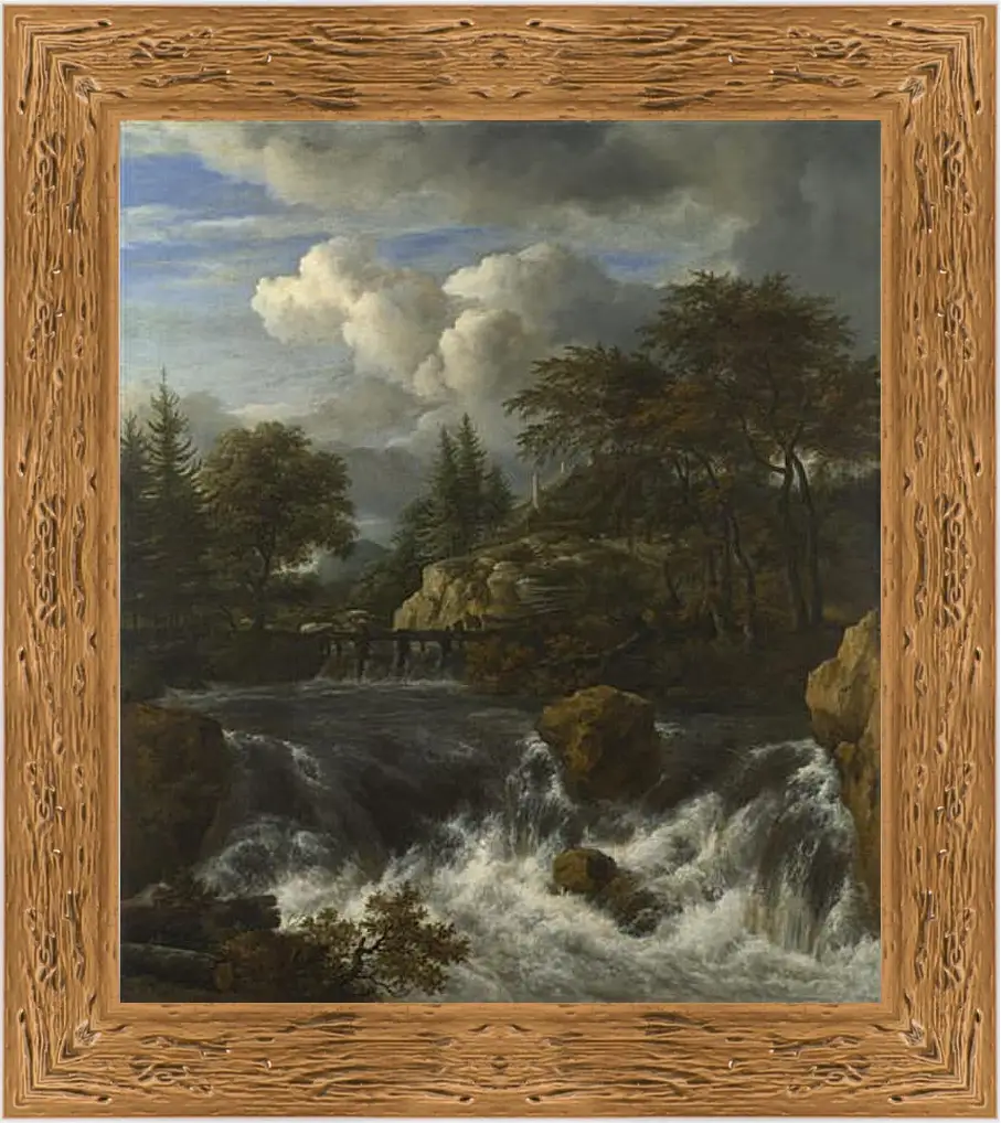 Картина в раме - A Waterfall in a Rocky Landscape. Якоб ван Рейсдал