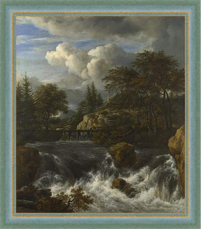 Картина в раме - A Waterfall in a Rocky Landscape. Якоб ван Рейсдал