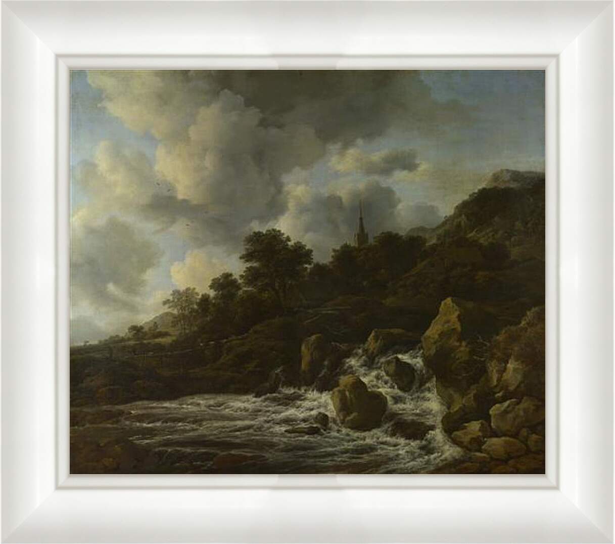 Картина в раме - A Waterfall at the Foot of a Hill, near a Village. Якоб ван Рейсдал