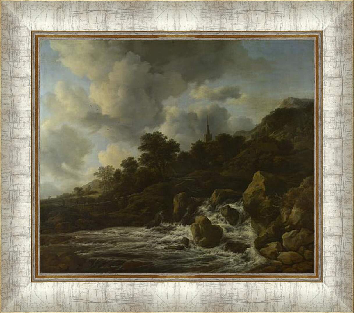 Картина в раме - A Waterfall at the Foot of a Hill, near a Village. Якоб ван Рейсдал