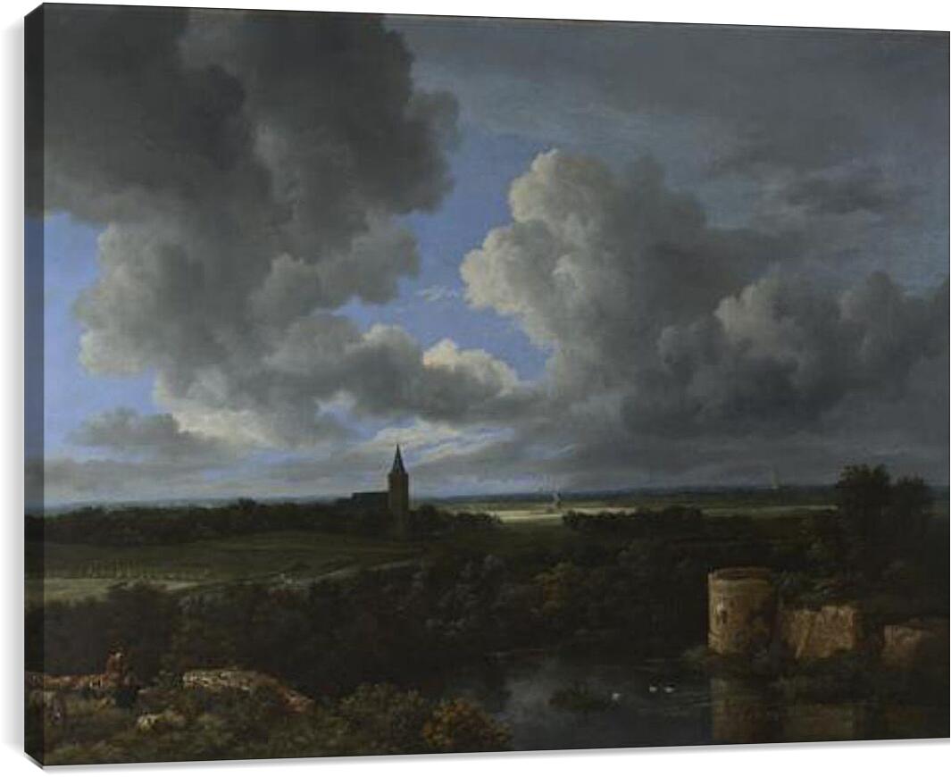 Постер и плакат - A Landscape with a Ruined Castle and a Church. Якоб ван Рейсдал