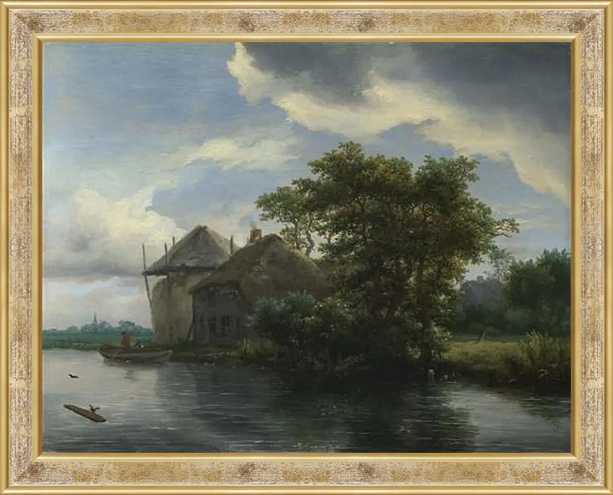 Картина в раме - A Cottage and a Hayrick by a River. Якоб ван Рейсдал