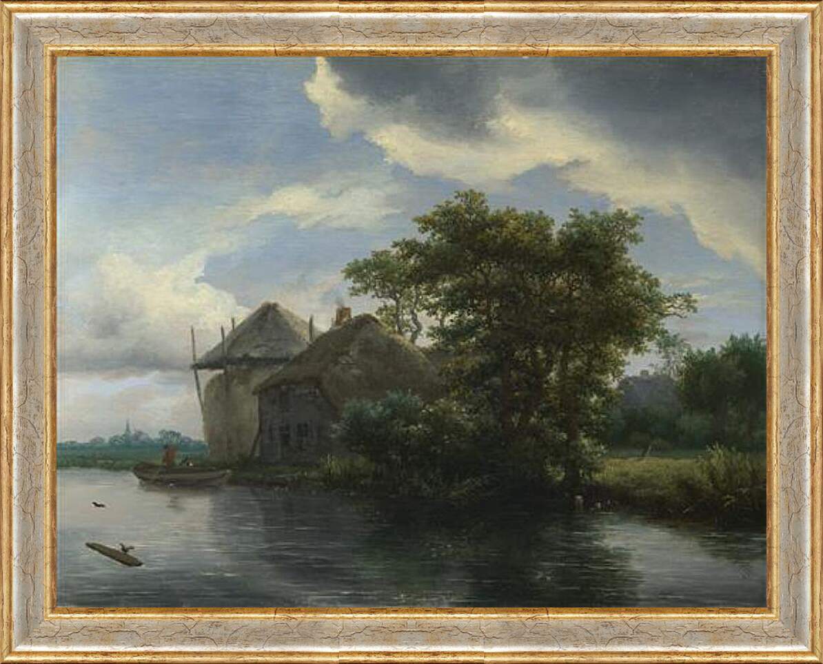 Картина в раме - A Cottage and a Hayrick by a River. Якоб ван Рейсдал
