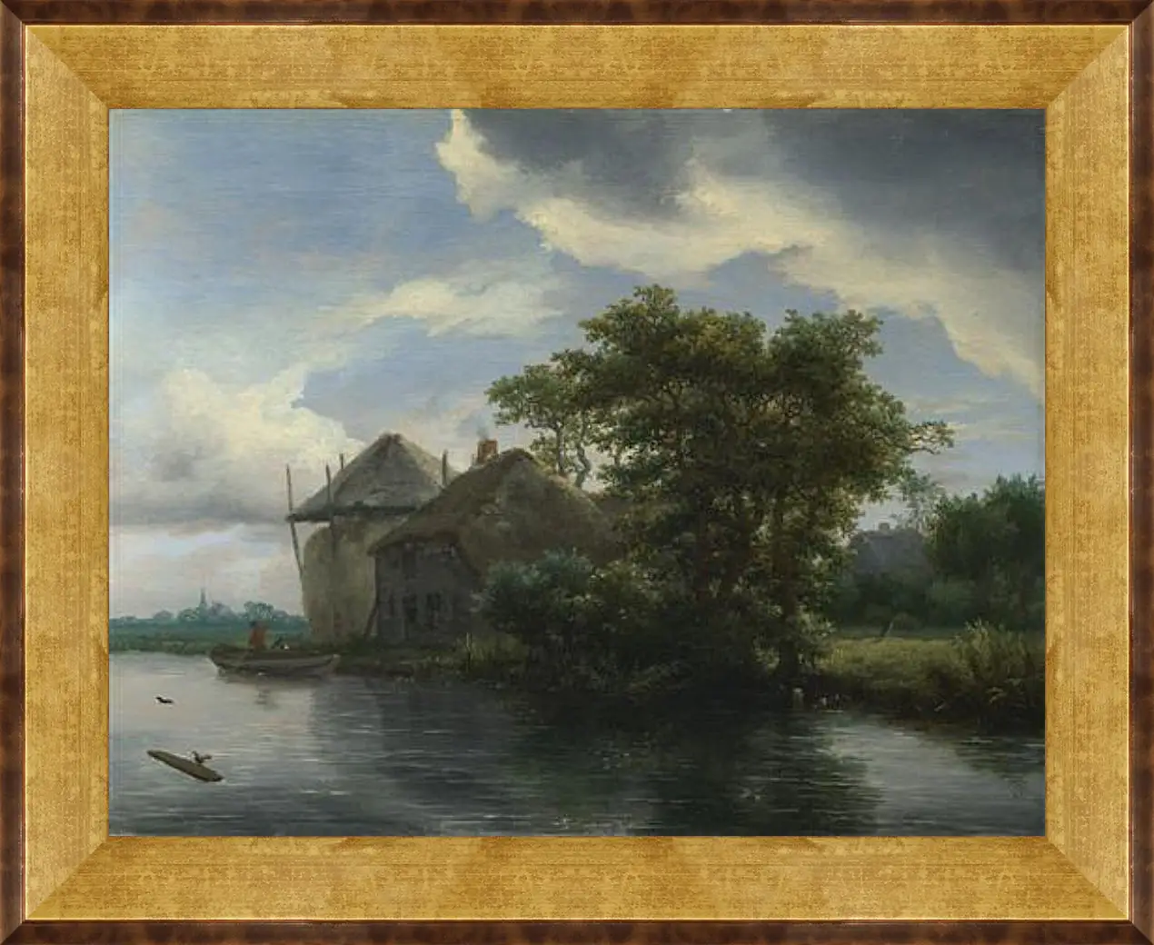 Картина в раме - A Cottage and a Hayrick by a River. Якоб ван Рейсдал