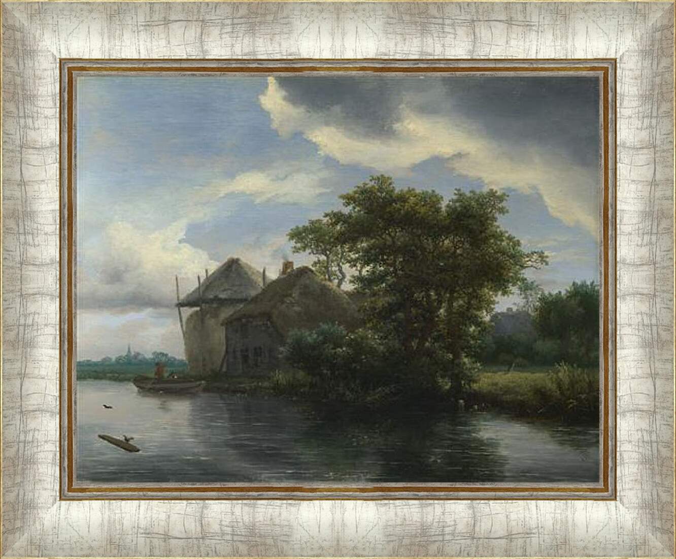 Картина в раме - A Cottage and a Hayrick by a River. Якоб ван Рейсдал