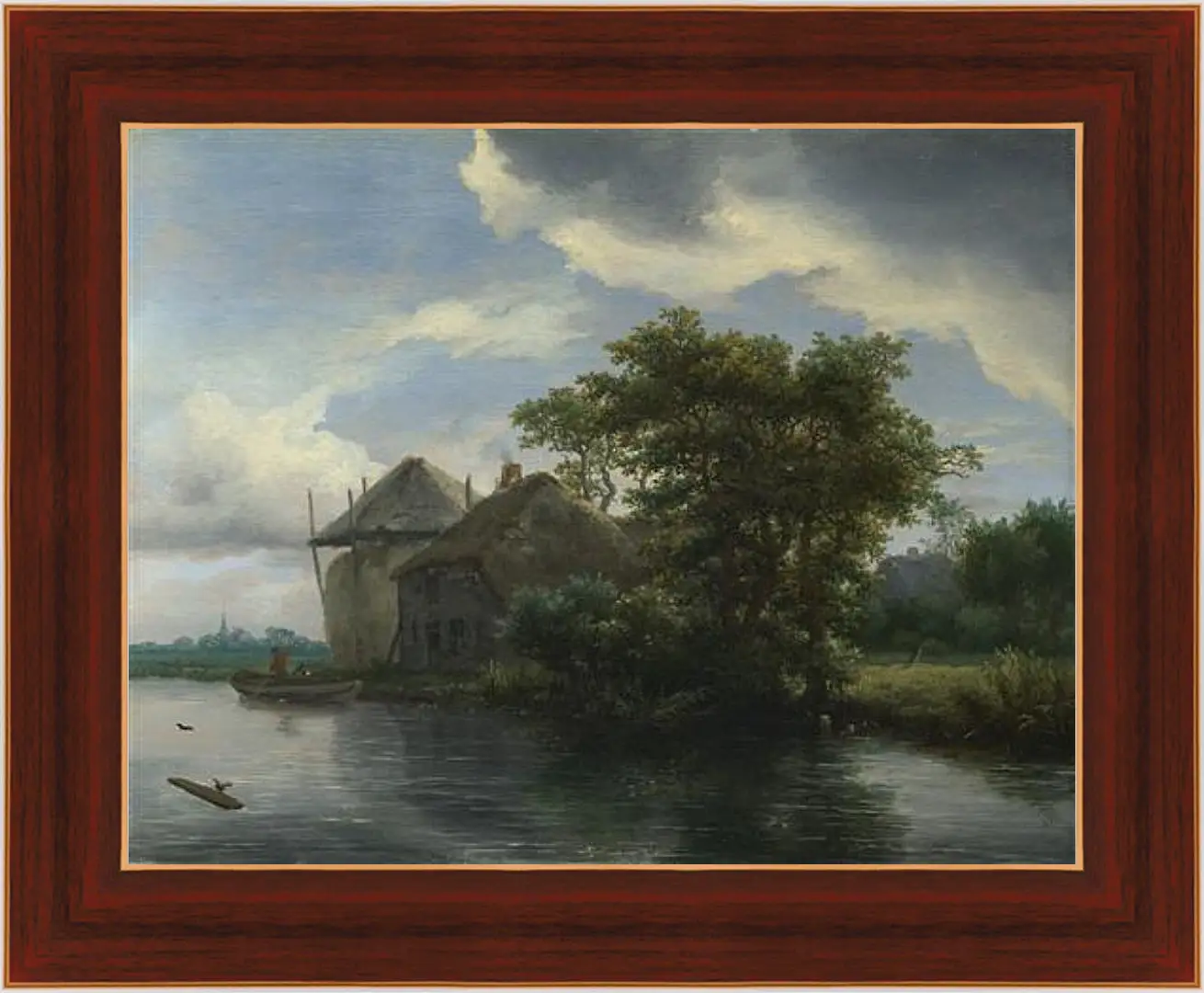 Картина в раме - A Cottage and a Hayrick by a River. Якоб ван Рейсдал