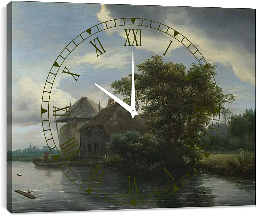 Часы картина - A Cottage and a Hayrick by a River. Якоб ван Рейсдал